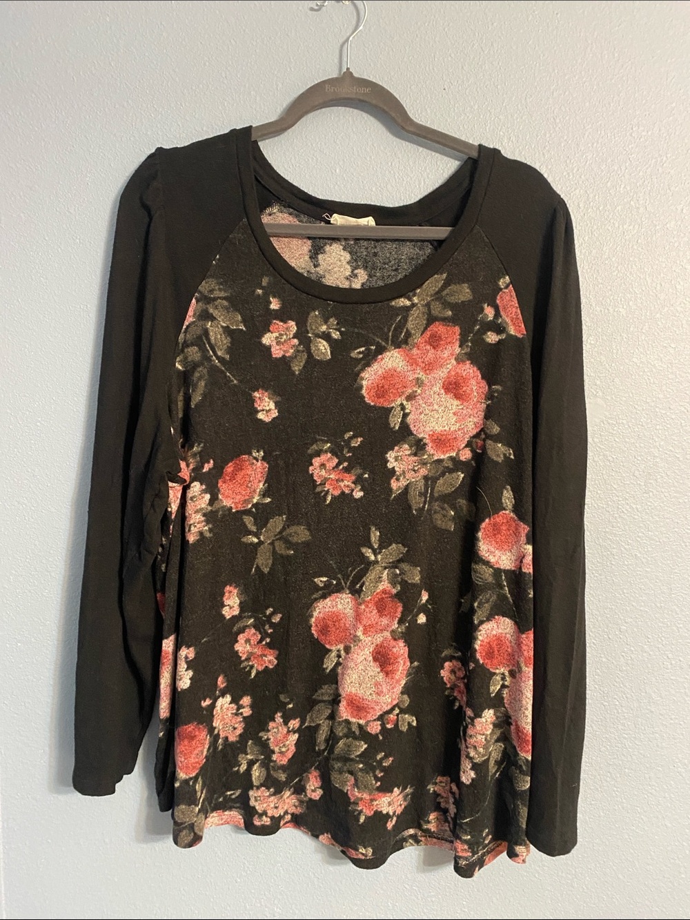 Long Sleeve Black Floral Tee with Rose Print